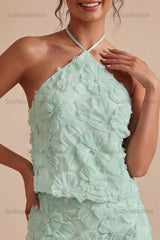 Suzhoufashion Mint Green Floral Halter 2-Piece Tight Short Homecoming Dress