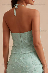 Suzhoufashion Mint Green Floral Halter 2-Piece Tight Short Homecoming Dress
