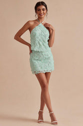 Suzhoufashion Mint Green Floral Halter 2-Piece Tight Short Homecoming Dress