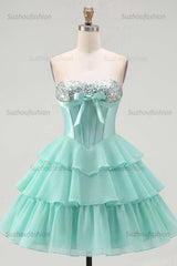 Suzhoufashion Mint Green Strapless Beaded A-Line Corset Short Homecoming Dress with Ruffles