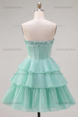 Suzhoufashion Mint Green Strapless Beaded A-Line Corset Short Homecoming Dress with Ruffles