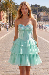 Suzhoufashion Mint Green Strapless Beaded A-Line Corset Short Homecoming Dress with Ruffles