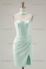 Suzhoufashion Mint Green Strapless Ruched Corset Tight Short Homecoming Dress with Slit