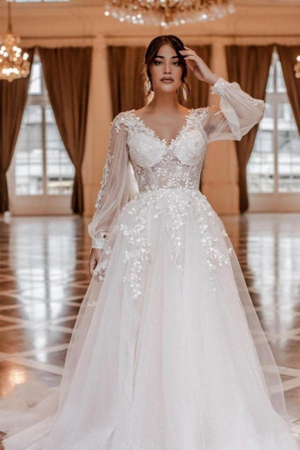 Suzhoufashion Modern Lace Wedding Dresses With Long Sleeves A-line V-neck Suzhoufashion Modern Lace Wedding Dresses With Long Sleeves A-line V-neck