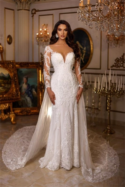 Suzhoufashion Modern Long A-line V-neck Lace Appliques Wedding Dresses With Long Sleeves