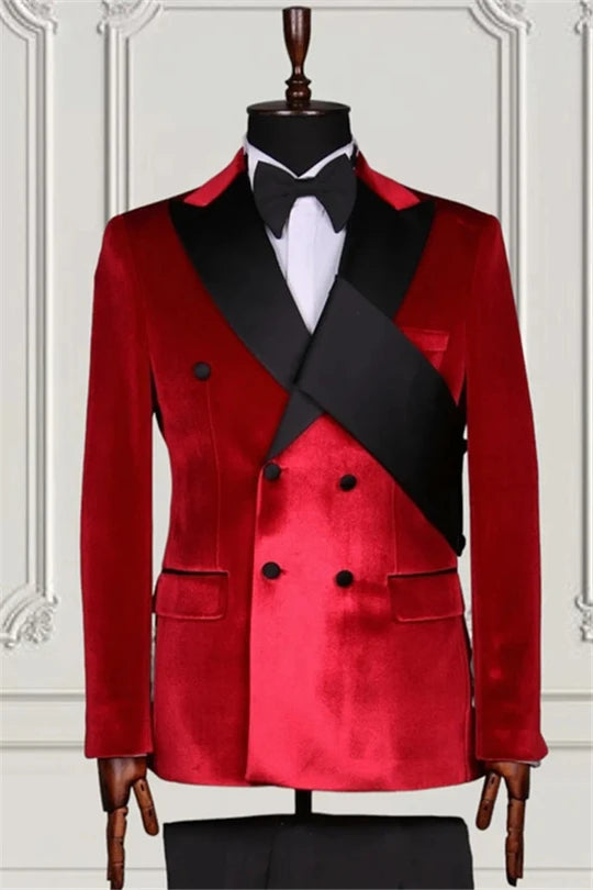 Suzhoufashion Modern Red Velvet Double Breasted Peaked Lapel Men Suits