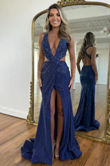 Suzhoufashion Navy Blue Mermaid Deep V Cross Back Gown With Beading And Slit Prom Dress Formal Evening Gown
