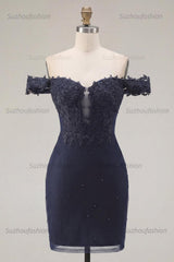 Suzhoufashion Navy Off-the-Shoulder Beaded Ruched Tight Short Homecoming Dress