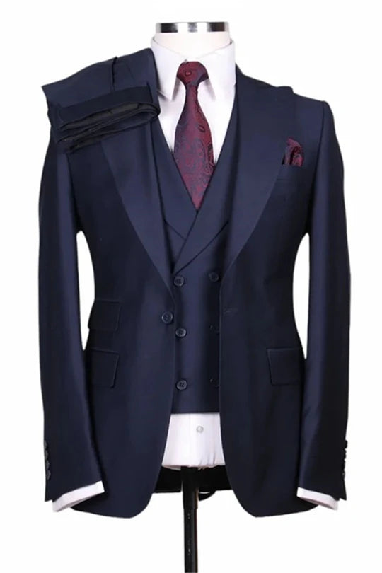 Suzhoufashion Navy Three Pieces Peaked Lapel Bespoke Men Suits