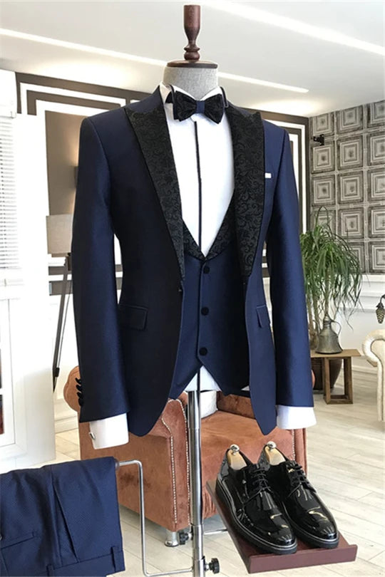 Suzhoufashion Navy Three Pieces Peaked Lapel Wedding Groom Suits