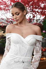 Suzhoufashion Off The Shoulder Beach Wedding Dress Long Sleeve Lace SheathColumn Bridal Gown