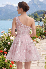 Suzhoufashion One Shoulder Floral Pink Short Corset Homecoming Dress