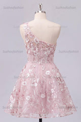 Suzhoufashion One Shoulder Floral Pink Short Corset Homecoming Dress