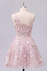 Suzhoufashion One Shoulder Floral Pink Short Corset Homecoming Dress