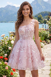 Suzhoufashion One Shoulder Floral Pink Short Corset Homecoming Dress