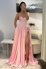 Suzhoufashion Pale Pink Satin Strapless Homecoming Dress With Rhinestone 3D Flower And High Slit Formal Evening Gown