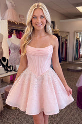 Suzhoufashion Pink A Line Short Corset Homecoming Dress with Pearls