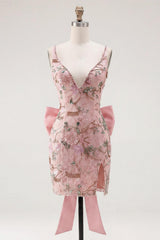 Suzhoufashion Pink Beaded Floral Short Homecoming Dress | V-Neck Bodycon with Bow