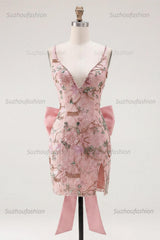 Suzhoufashion Pink Beaded Floral Short Homecoming Dress | V-Neck Bodycon with Bow