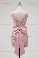 Suzhoufashion Pink Beaded Floral Short Homecoming Dress | V-Neck Bodycon with Bow