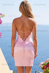 Suzhoufashion Pink Beaded Ruched Corset Tight Short Homecoming Dress with Slit