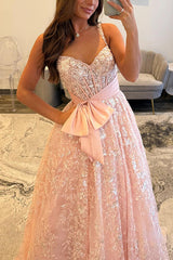 Suzhoufashion Pink Corset Prom Dress A Line Lace Long Formal Dress With Bow