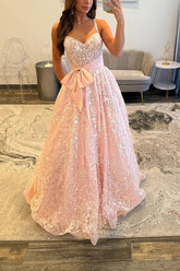 Suzhoufashion Pink Corset Prom Dress A Line Lace Long Formal Dress With Bow