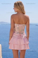 Suzhoufashion Pink Floral A-Line Short Homecoming Dress with Ruffles
