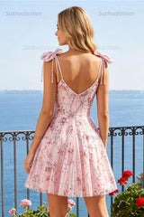 Suzhoufashion Pink Floral Beaded A-Line Short Homecoming Dress with Bows