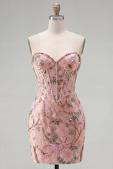 Suzhoufashion Pink Floral Beaded Corset Tight Short Homecoming Dress