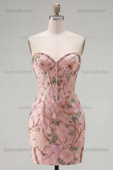 Suzhoufashion Pink Floral Beaded Corset Tight Short Homecoming Dress