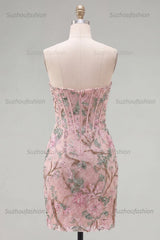 Suzhoufashion Pink Floral Beaded Corset Tight Short Homecoming Dress