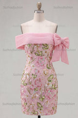 Suzhoufashion Pink Floral Beaded Tight Short Homecoming Dress with Bow