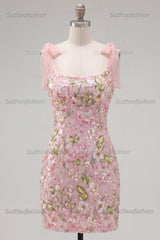 Suzhoufashion Pink Floral Beaded Tight Short Homecoming Dress with Bows