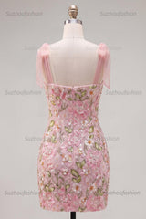 Suzhoufashion Pink Floral Beaded Tight Short Homecoming Dress with Bows