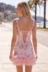 Suzhoufashion Pink Floral Beaded Tight Short Homecoming Dress with Ruffles