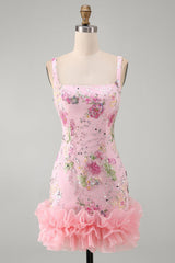 Suzhoufashion Pink Floral Beaded Tight Short Homecoming Dress with Ruffles