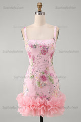 Suzhoufashion Pink Floral Beaded Tight Short Homecoming Dress with Ruffles