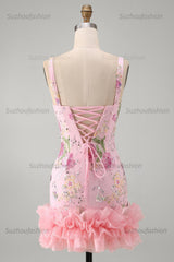 Suzhoufashion Pink Floral Beaded Tight Short Homecoming Dress with Ruffles