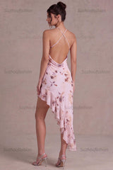 Suzhoufashion Pink Floral Cowl Neck Asymmetrical Ruffled Homecoming Dress
