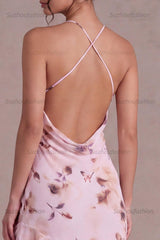 Suzhoufashion Pink Floral Cowl Neck Asymmetrical Ruffled Homecoming Dress