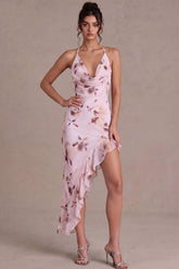 Suzhoufashion Pink Floral Cowl Neck Asymmetrical Ruffled Homecoming Dress