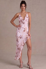 Suzhoufashion Pink Floral Cowl Neck Asymmetrical Ruffled Homecoming Dress