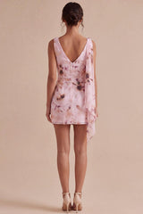Suzhoufashion Pink Floral Cowl Neck Ruched Tight Short Homecoming Dress with Sash
