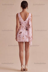 Suzhoufashion Pink Floral Cowl Neck Ruched Tight Short Homecoming Dress with Sash