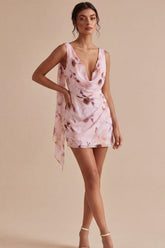 Suzhoufashion Pink Floral Cowl Neck Ruched Tight Short Homecoming Dress with Sash
