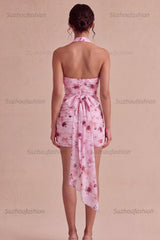 Suzhoufashion Pink Floral Halter Ruched Tight Short Homecoming Dress with Bow