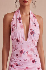Suzhoufashion Pink Floral Halter Ruched Tight Short Homecoming Dress with Bow