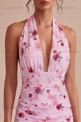 Suzhoufashion Pink Floral Halter Ruched Tight Short Homecoming Dress with Bow