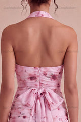 Suzhoufashion Pink Floral Halter Ruched Tight Short Homecoming Dress with Bow